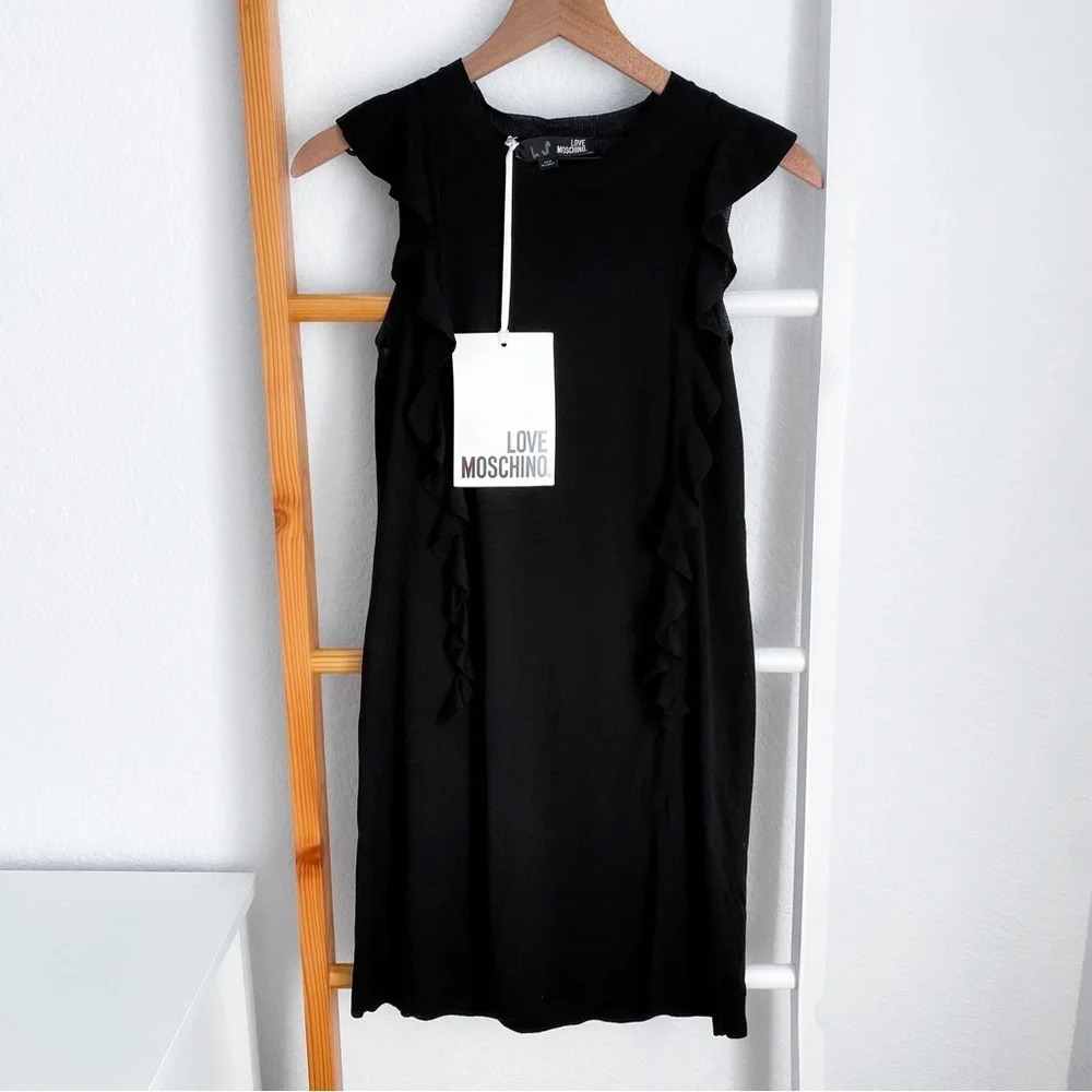 Love Moschino Vestito Knit Ruffle Shift Mini Dress Sleeveless Black NWT 38